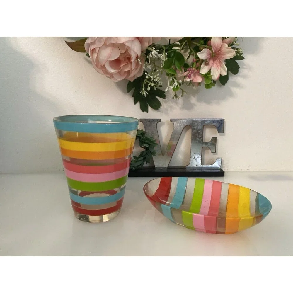 Vintage 1970s Retro Acrylic Rainbow Bathroom Accessory Set Tumbler Soap Dish GUC